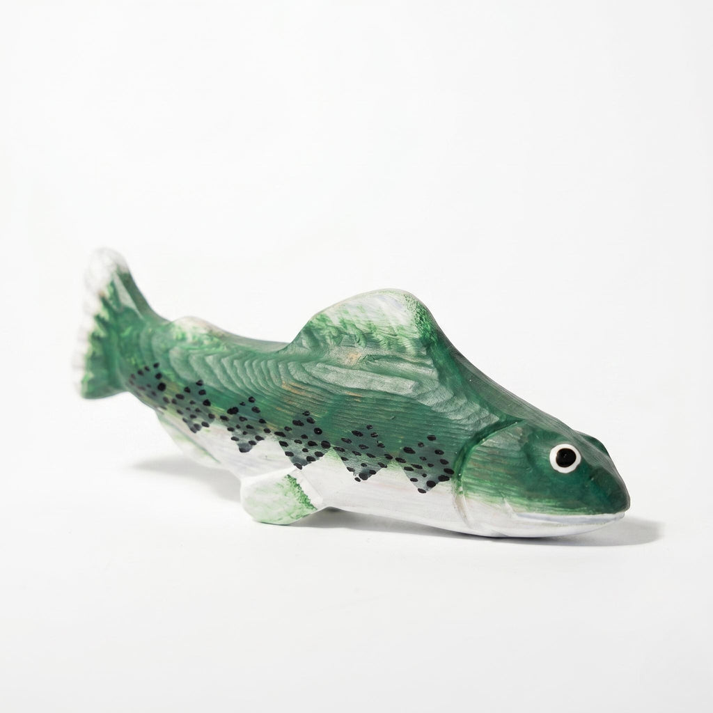 Rustic Hand Carved Wooden Trout Figurine, Green Fish Decor, River Cabin Art, Fly Fishing Gift for Him, Nature Lover Desktop Ornament