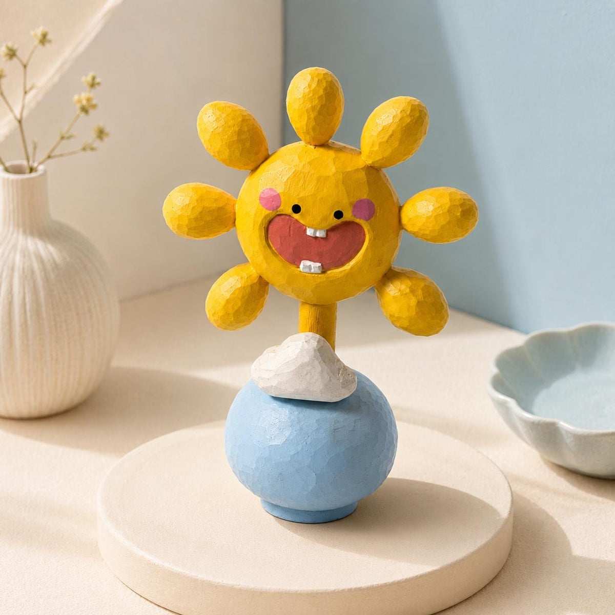 Hand Carved Wooden Sun Figurine, Smiley Sun on Blue Globe, Cheerful Yellow Sun Sculpture, Fun Kids Room Decor, Unique Sunshine Gift