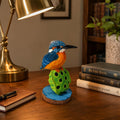Vibrant Hand-Carved Wooden Kingfisher Figurine Lotus Pod Sculpture Nature Decor Bird Lover Gift