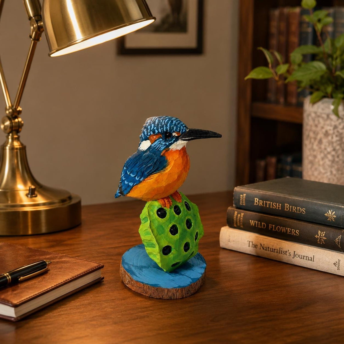 Vibrant Hand-Carved Wooden Kingfisher Figurine Lotus Pod Sculpture Nature Decor Bird Lover Gift