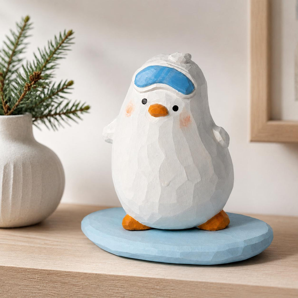 Whimsical Snowboarding Bird Wood Carving, Cute Winter Decor, Hand Carved Penguin Figurine, Ski Lover Gift