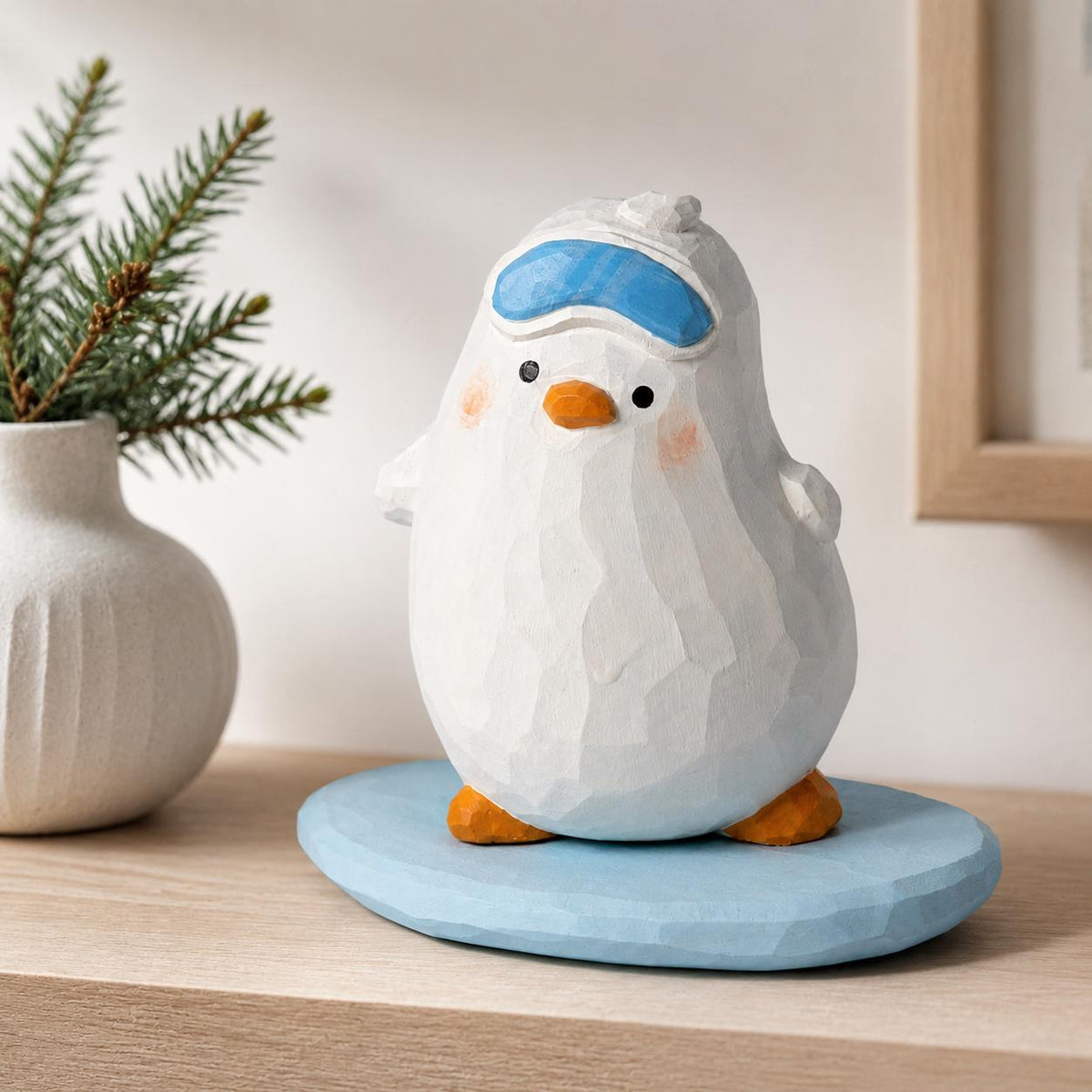Whimsical Snowboarding Bird Wood Carving, Cute Winter Decor, Hand Carved Penguin Figurine, Ski Lover Gift