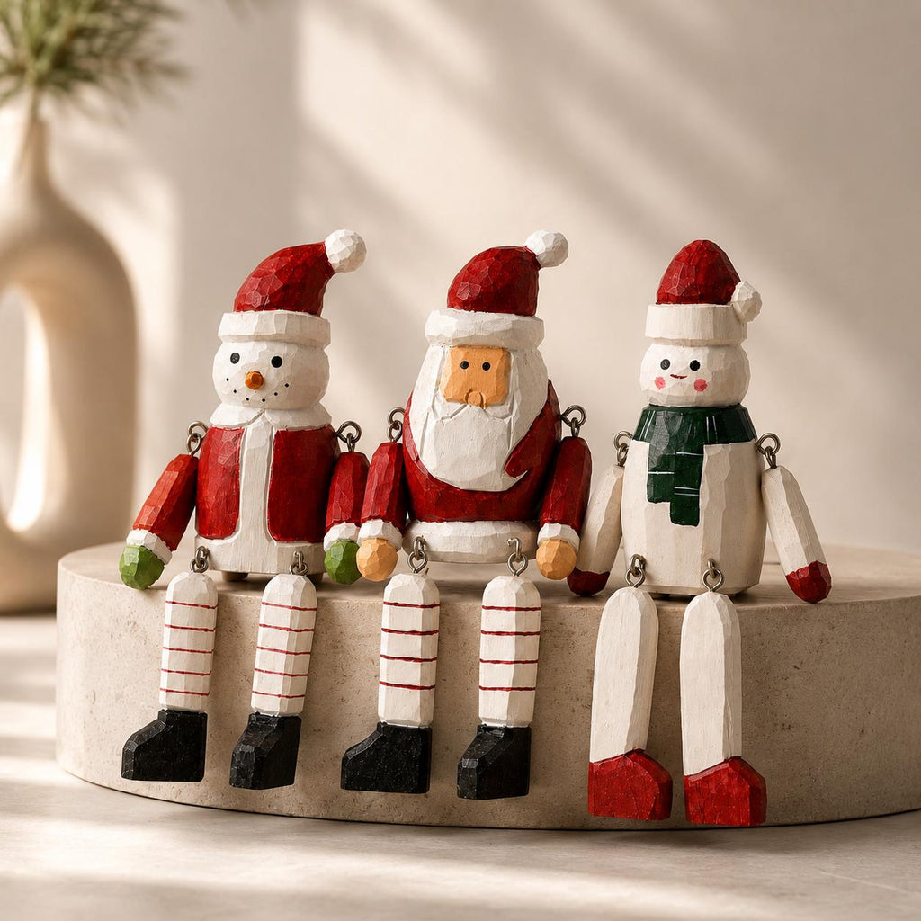 Whimsical Wooden Christmas Shelf Sitter Santa Snowman Figurine Hand Carved Winter Decor Secret Santa Gift