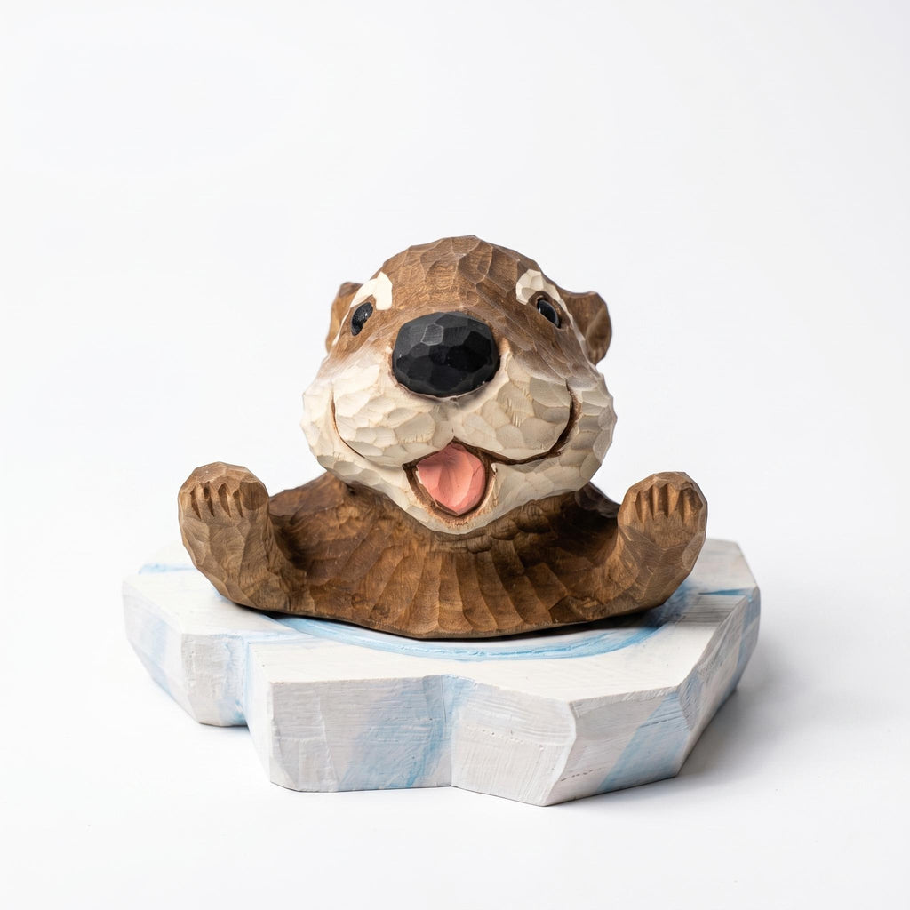 Joyful Wooden Sea Otter Hand Carved Animal Sculpture Coastal Desk Decor Cute Woodland Nursery Art Unique Gift for Animal Lovers
