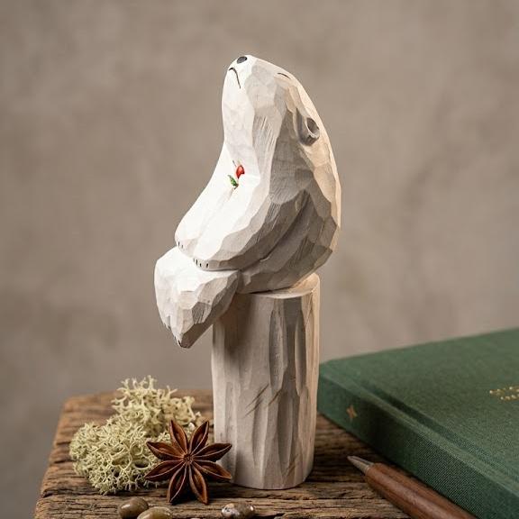 Whimsical Wooden Polar Bear Figurine Hand Carved Animal Statue With Red Flower Romantic Anniversary Gift For Nature Lovers
