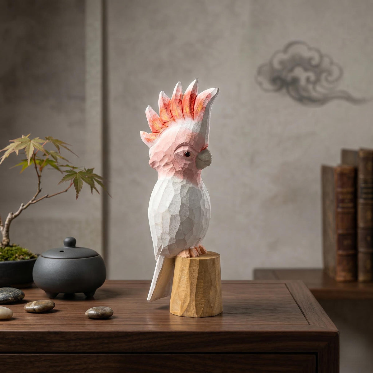 Hand-Carved Wooden Galah Cockatoo Figurine, Whimsical Pink Parrot Statue, Tropical Bird Lover Gift, Unique Nursery Decor