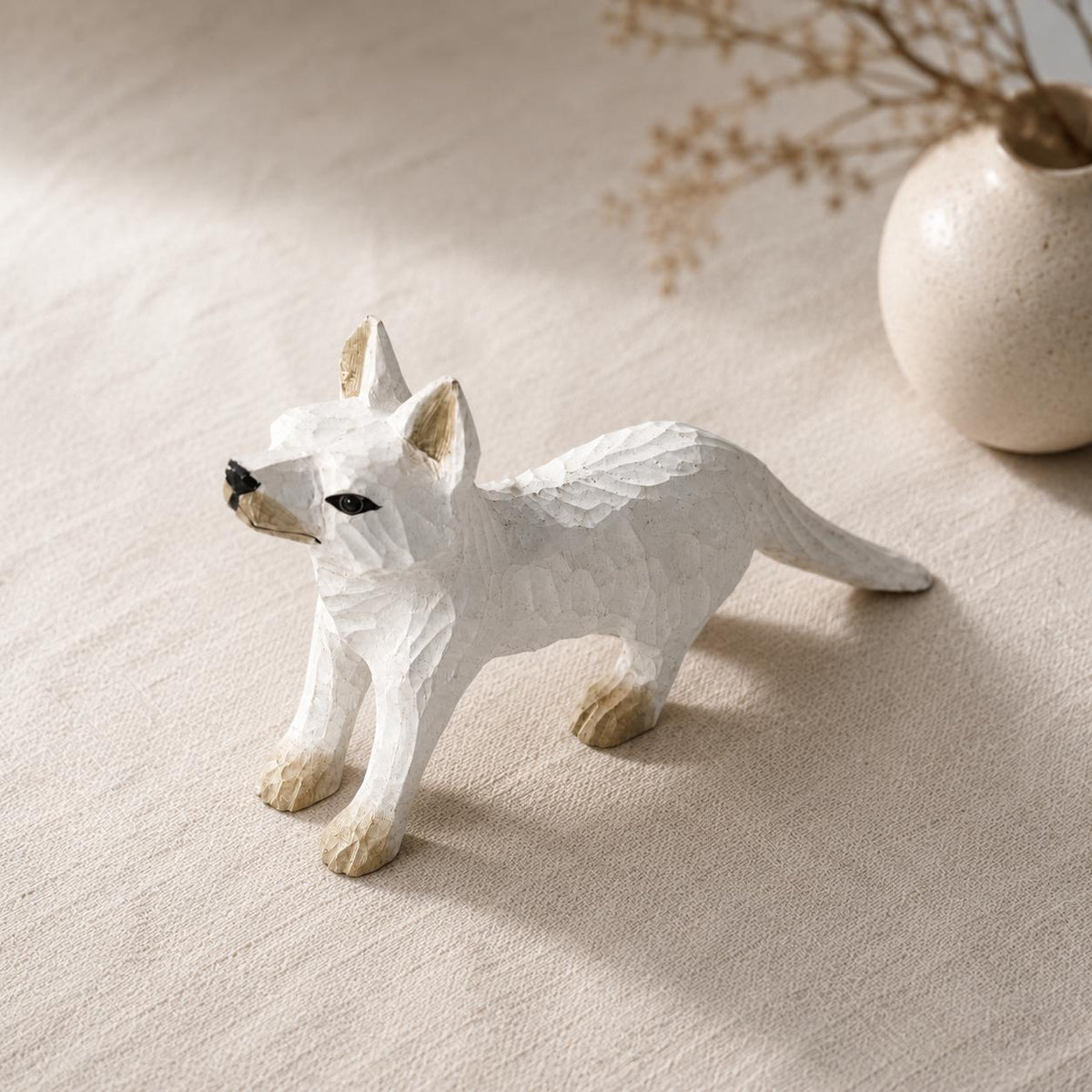 Whimsical White Arctic Fox Hand Carved Wood Figurine Woodland Animal Nursery Decor Rustic Desk Accessory Unique Gift for Nature Lover