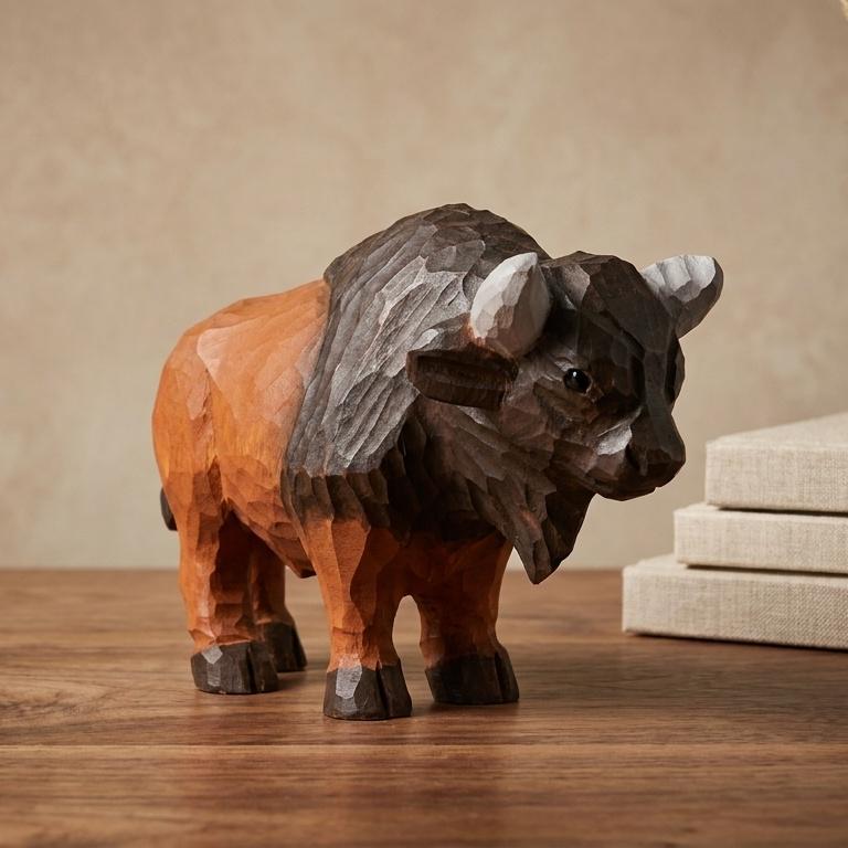 Rustic Wooden Bison Carving Handmade Animal Sculpture Western Room Decor Nature Lover Gift for Dad