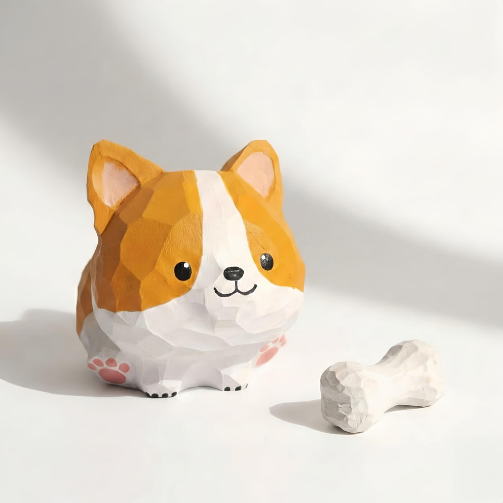 Wooden Corgi Figurine with Bone, Miniature Dog Statue, Whimsical Desk Decor, Corgi Lover Gift