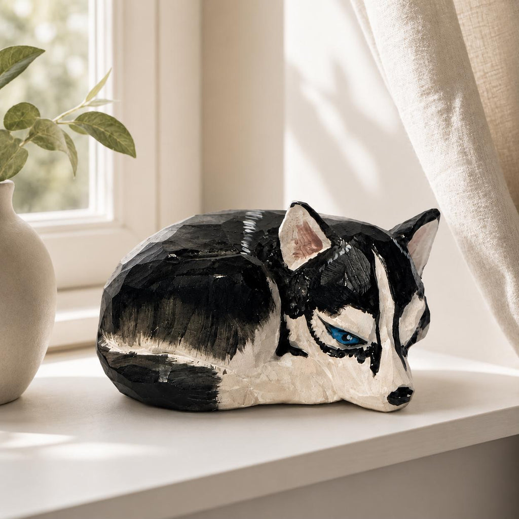 Geometric Husky Wood Figurine, Hand Carved Siberian Husky Dog Statue, Low Poly Animal Sculpture, Rustic Farmhouse Decor
