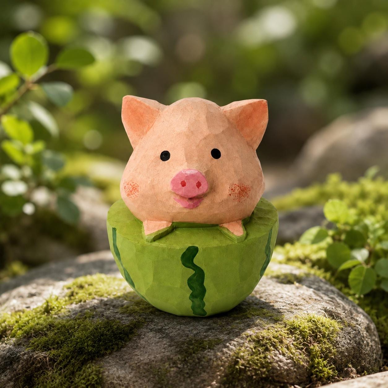 Whimsical Wooden Pig in Watermelon Figurine Hand Carved Miniature Desk Decor Cute Summer Gift for Pig Lovers
