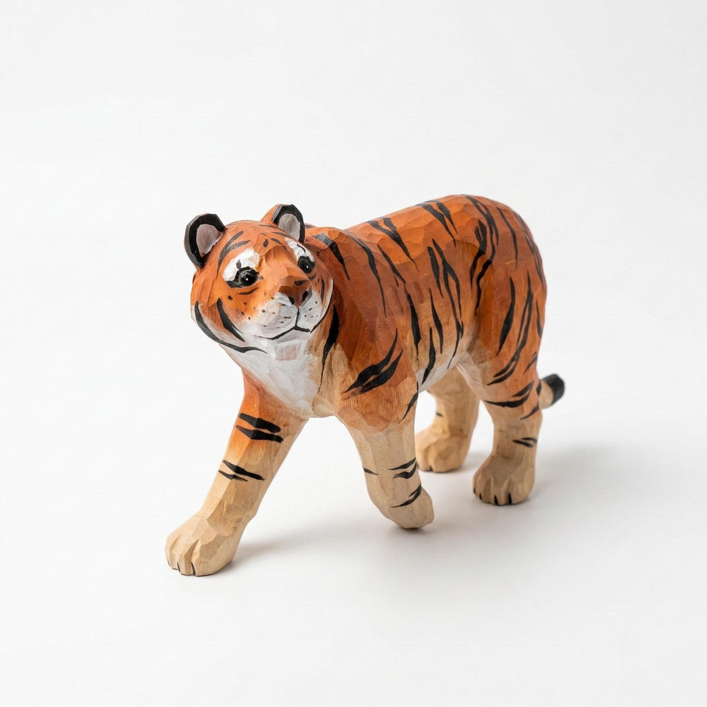 Hand-Carved Wood Tiger Figurine, Artisan Animal Sculpture, Jungle Nursery Decor, Tiger Statue