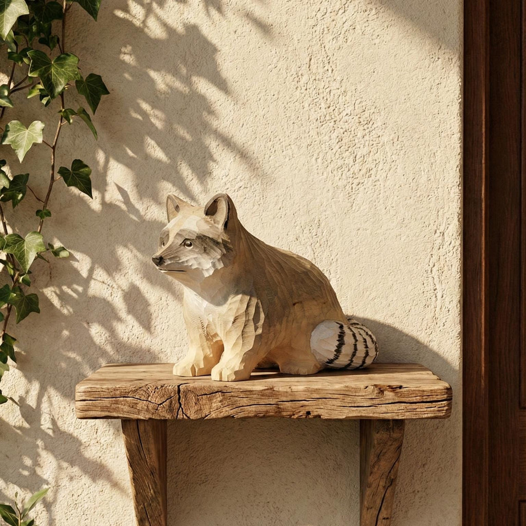 Hand Carved Wooden Raccoon Statue, Rustic Woodland Nursery Decor, Forest Animal Figurine, Garden Ornament