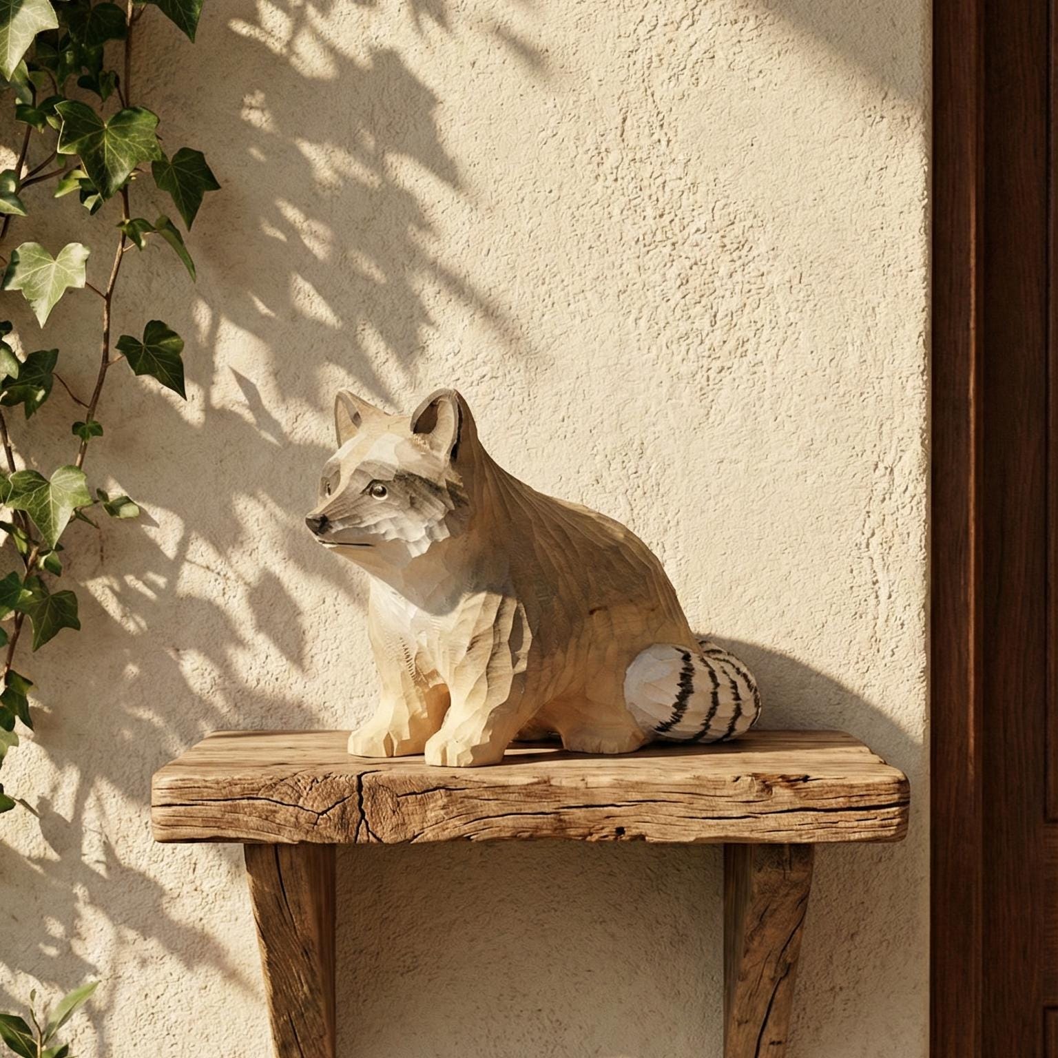 Hand Carved Wooden Raccoon Statue, Rustic Woodland Nursery Decor, Forest Animal Figurine, Garden Ornament