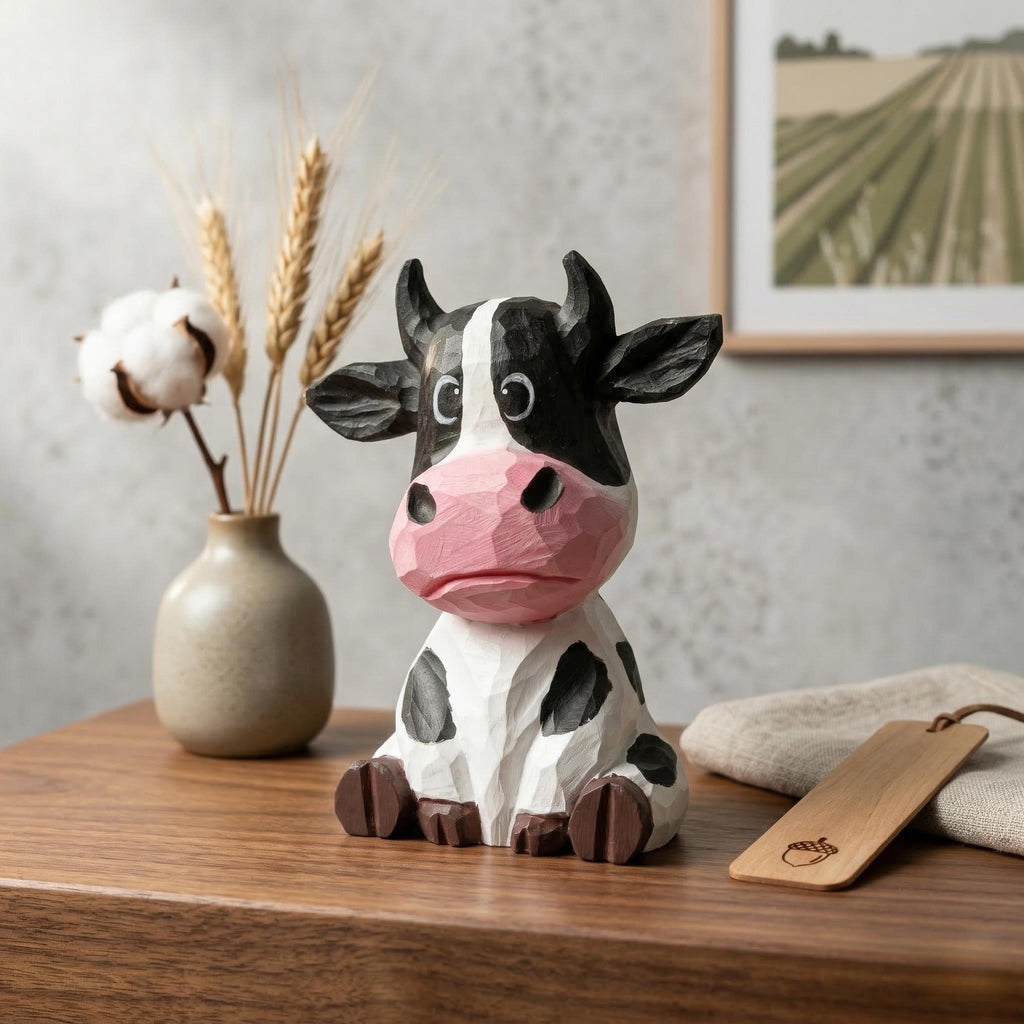 Whimsical Hand Carved Wooden Cow Figurine Sitting Farmhouse Decor Rustic Animal Art Unique Gift for Cow Lovers Nursery Shelf Decor