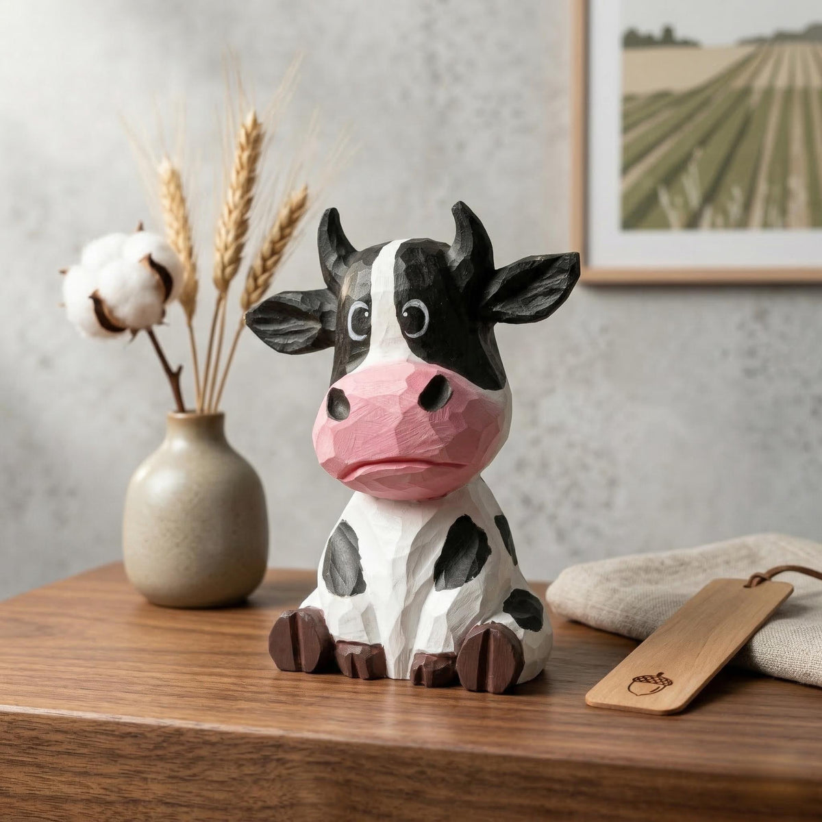 Whimsical Hand Carved Wooden Cow Figurine Sitting Farmhouse Decor Rustic Animal Art Unique Gift for Cow Lovers Nursery Shelf Decor