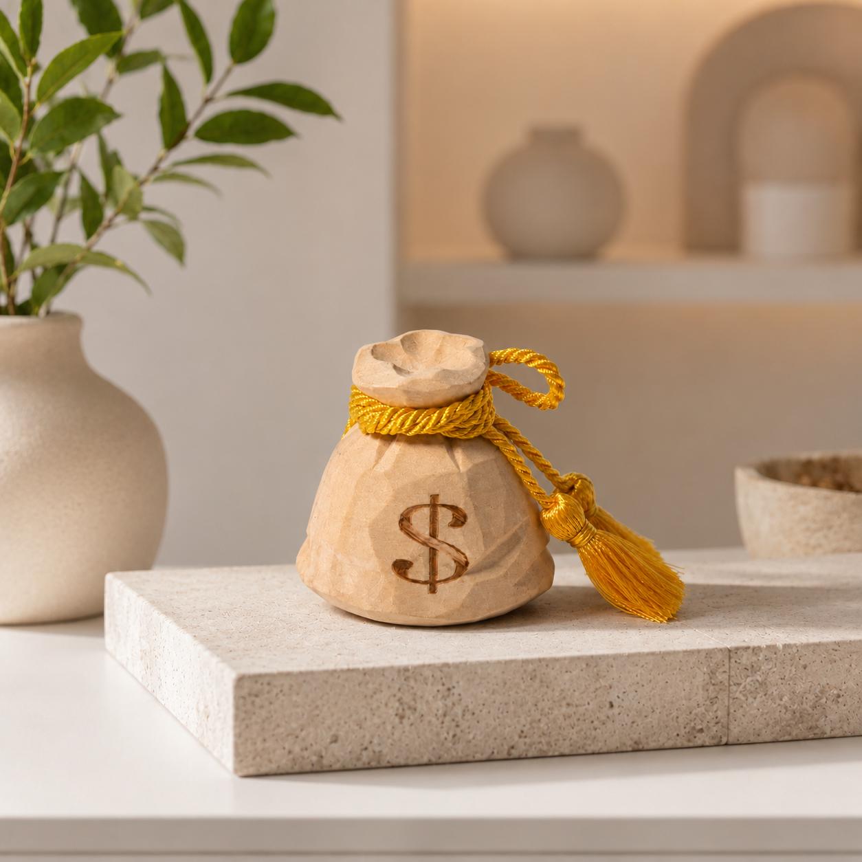 Hand Carved Wooden Money Bag, Dollar Sign Coin Purse Figurine, Gold Tassel Wealth Symbol, Rustic Farmhouse Desk Decor, Lucky Money Gift