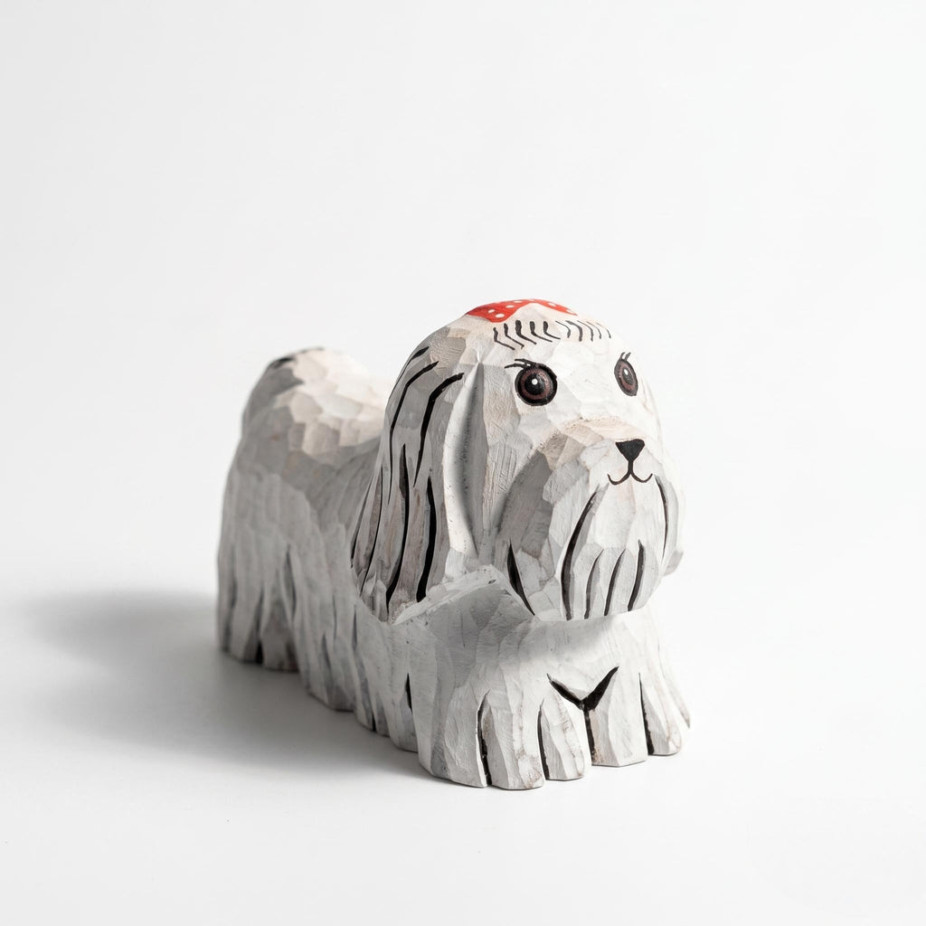 Whimsical Hand-Carved Wooden Dog Figurine White Maltese Shih Tzu Statue Rustic Pet Decor Unique Dog Lover Gift Handmade Animal Art