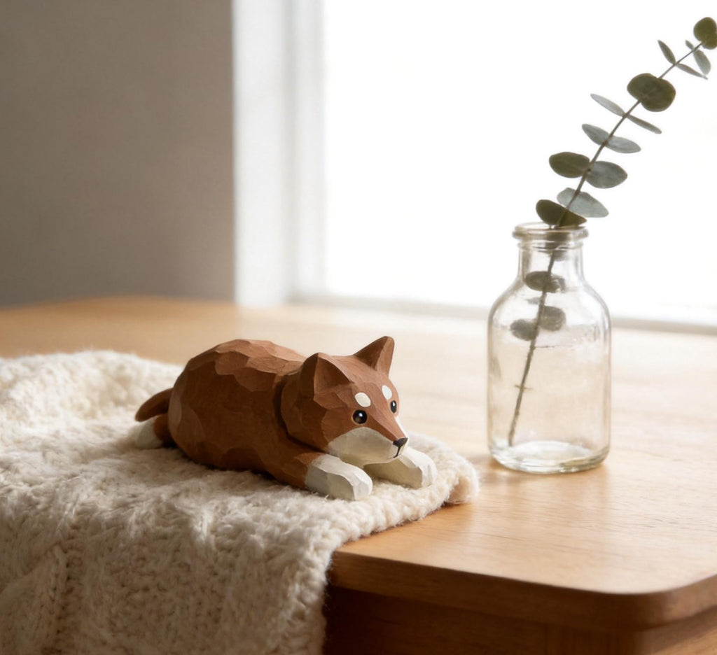 Sleepy Shiba Inu Wood Carving Cute Lying Dog Figurine Handmade Desk Pet Decor Gift for Dog Lovers
