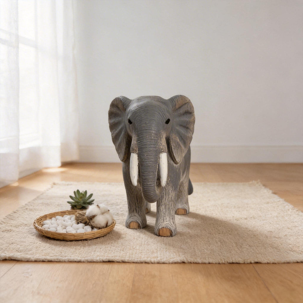 Hand-Carved Wooden Elephant Figurine – Rustic Boho Nursery Decor, Shelf Sitter