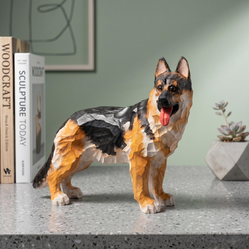 Loyal Hand Carved Wooden German Shepherd Figurine, Rustic Dog Sculpture Pet Memorial Art, Unique Gift for Dog Lover
