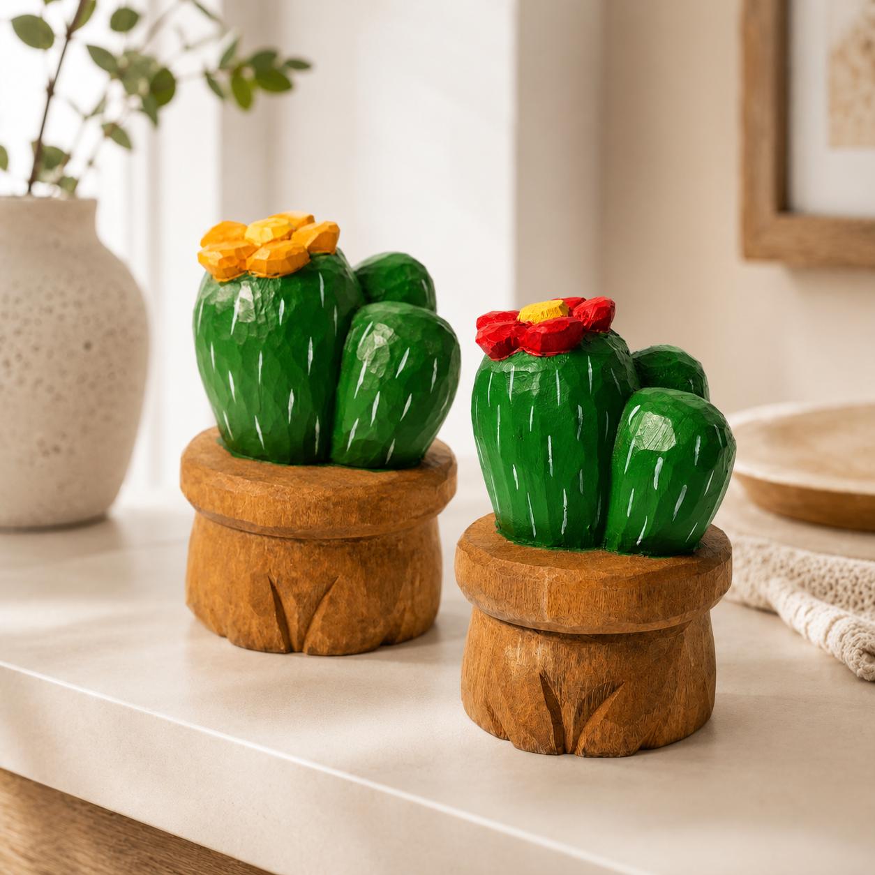 Hand Carved Wooden Cactus in Pot | Painted Succulent Figurine with Flower | Desert Plant Desk Decor | Unique Plant Lover Gift