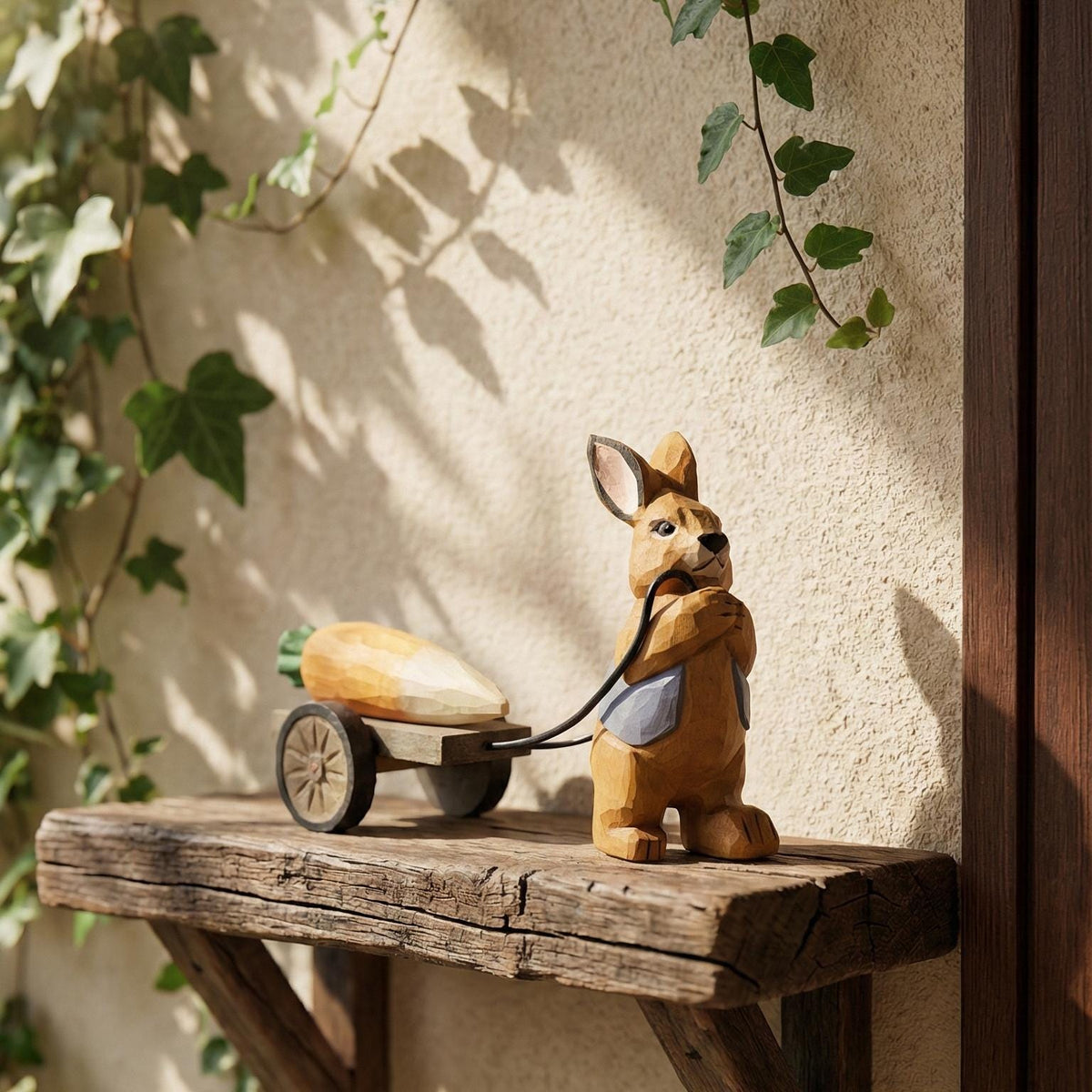 Handmade Wooden Rabbit Figurine, Bunny Pulling Wagon, Easter Decor, Gardener Gift, Spring Animal Art