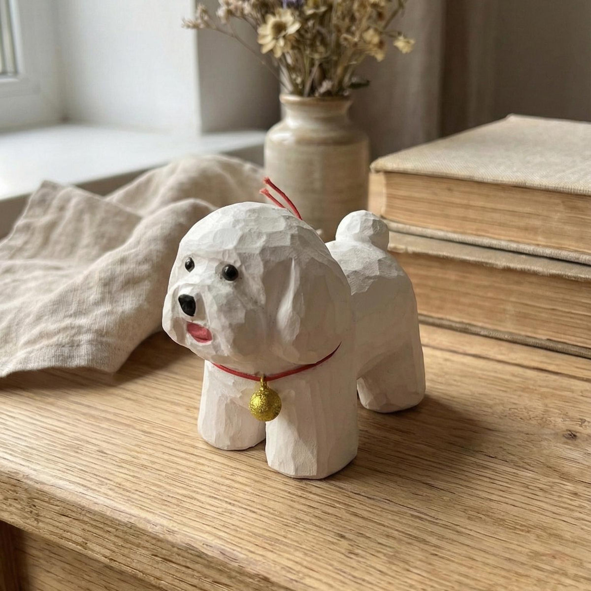 Hand Carved White Bichon Frise Wood Figurine, Cute Poodle Dog Statue with Gold Bell, Rustic Wooden Puppy Decor, Pet Lover Gift