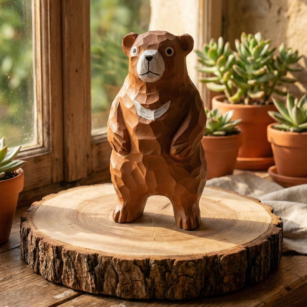 Hand-Carved Wooden Bear Figurine | Rustic Woodland Nursery Decor | Whimsical Moon Bear Sculpture | Unique Nature Lover Gift