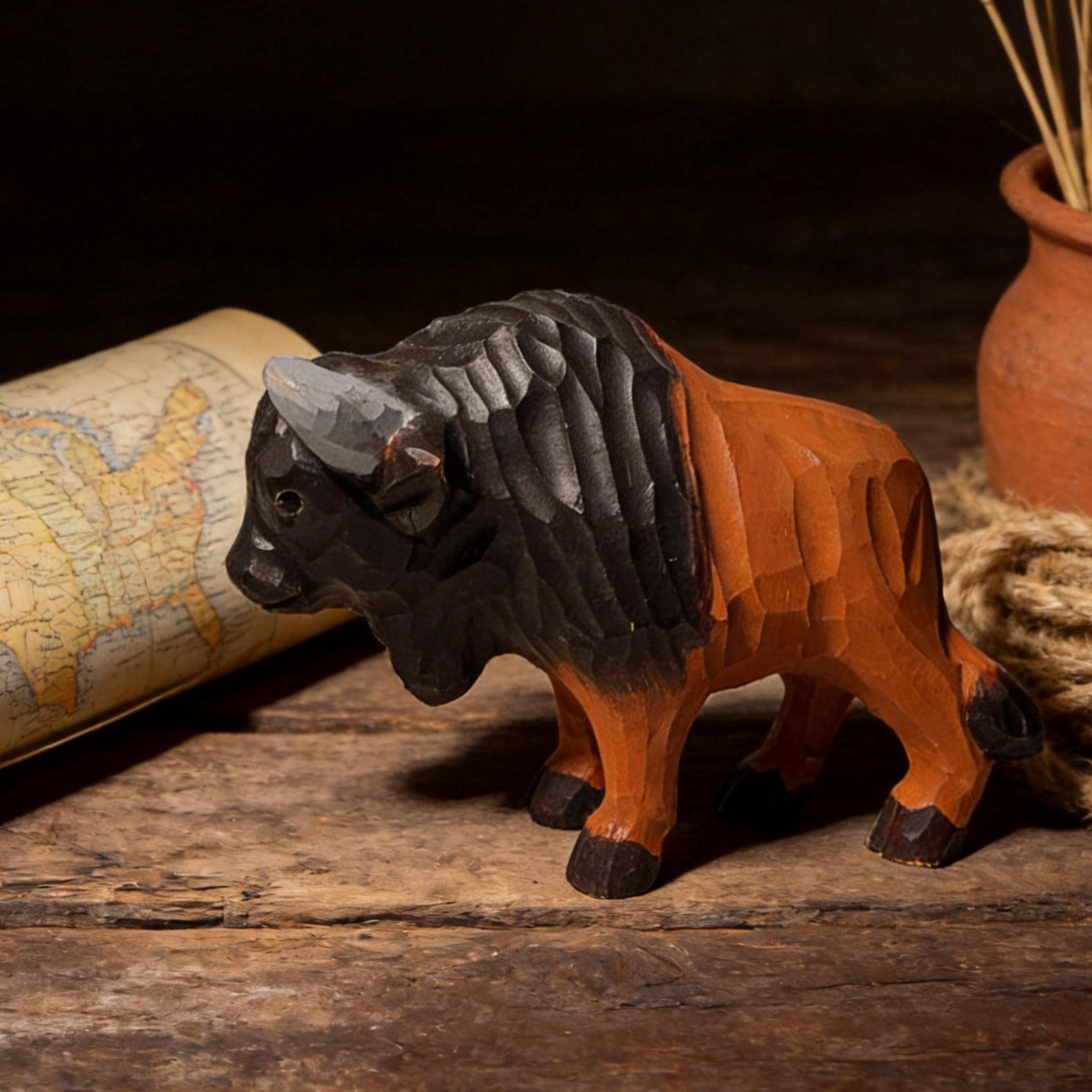 Rustic Wooden Bison Carving Handmade Animal Sculpture Western Room Decor Nature Lover Gift for Dad