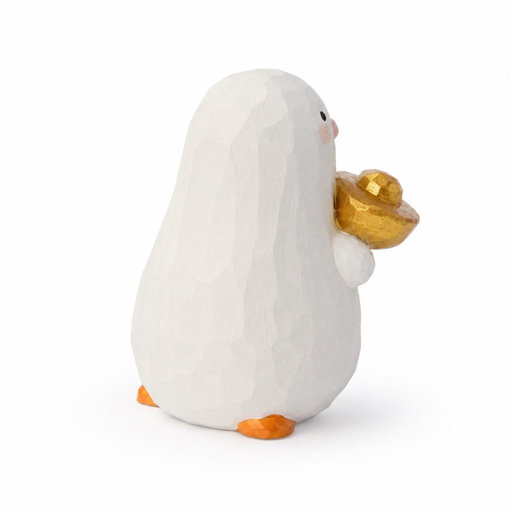 Lucky White Wooden Bird Figurine Hand Carved Wood Duck with Gold Ingot Cute Desk Decor Good Luck Gift for Friend New Job Present