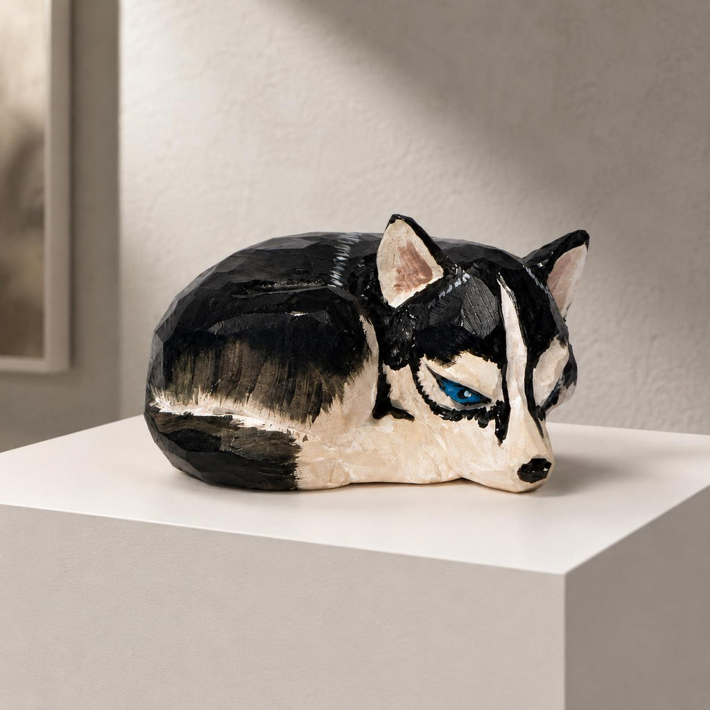 Geometric Husky Wood Figurine, Hand Carved Siberian Husky Dog Statue, Low Poly Animal Sculpture, Rustic Farmhouse Decor