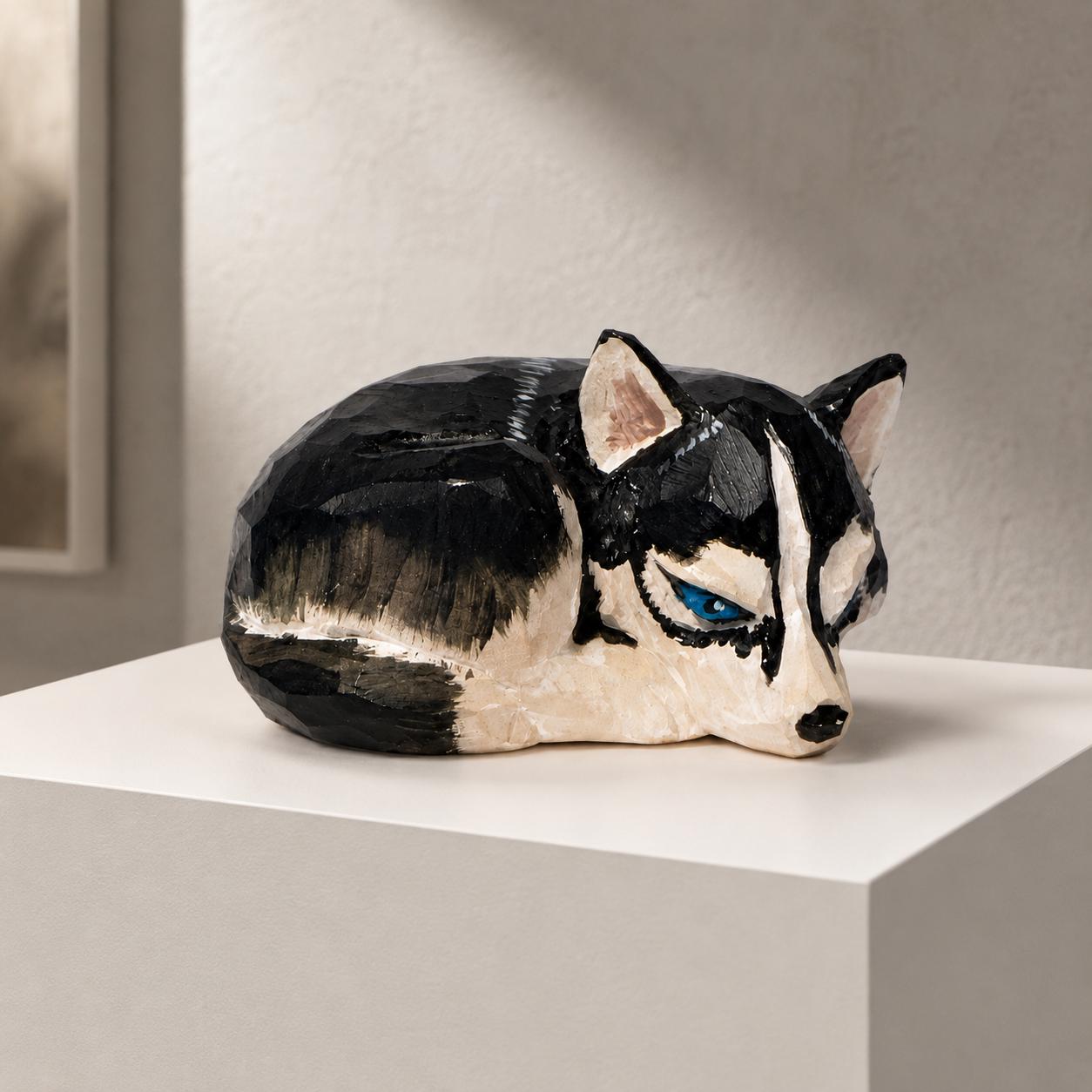 Geometric Husky Wood Figurine, Hand Carved Siberian Husky Dog Statue, Low Poly Animal Sculpture, Rustic Farmhouse Decor