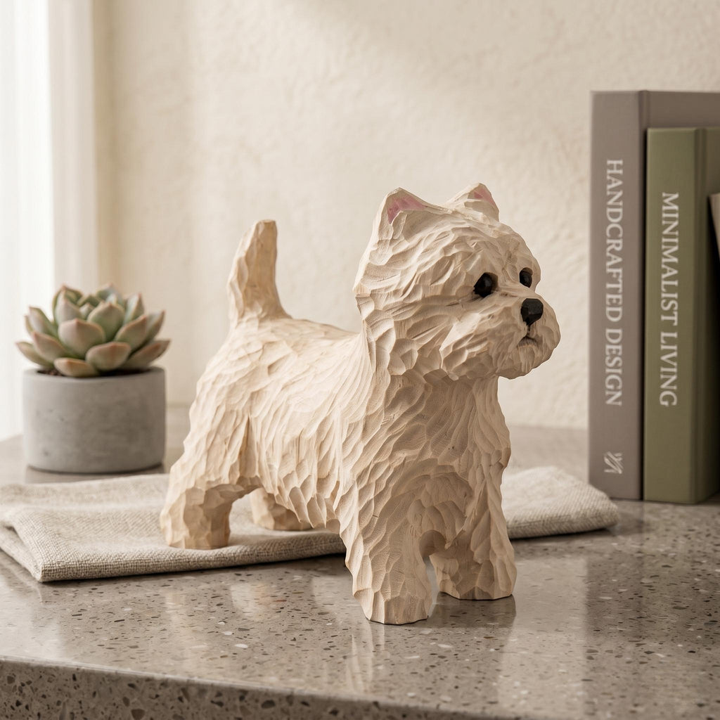 Hand Carved Wooden Westie Figurine, Rustic White Terrier Dog Sculpture, Folk Art Pet Memorial Gift for Dog Lovers, Desk Decor