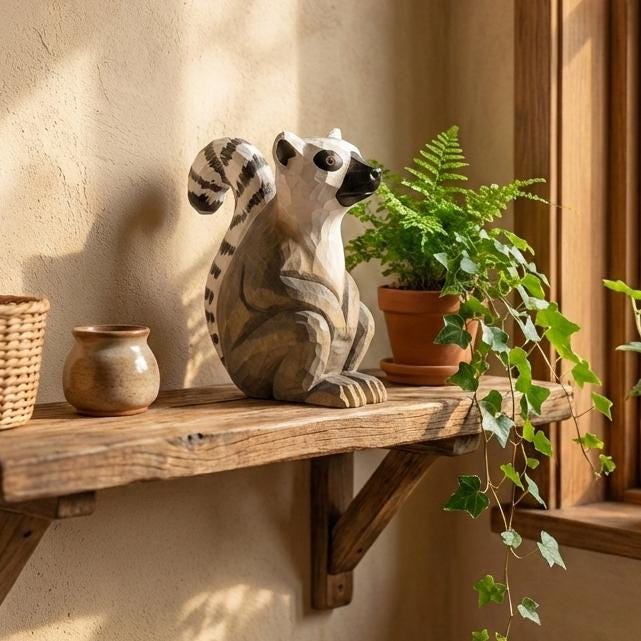 Whimsical Ring-Tailed Lemur Wood Carving | Handmade Wooden Animal Figurine | Safari Nursery Decor | Unique Wildlife Lover Gift