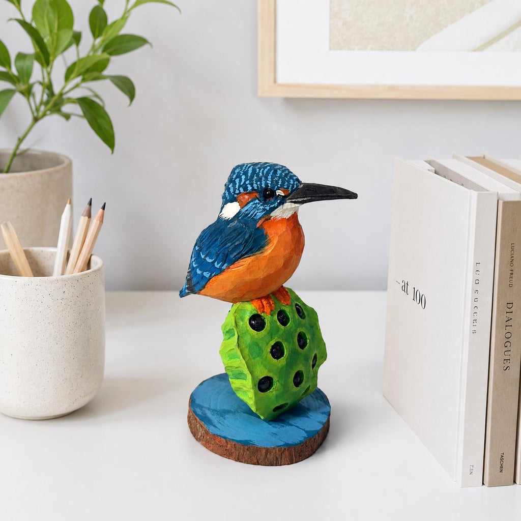 Vibrant Hand-Carved Wooden Kingfisher Figurine Lotus Pod Sculpture Nature Decor Bird Lover Gift