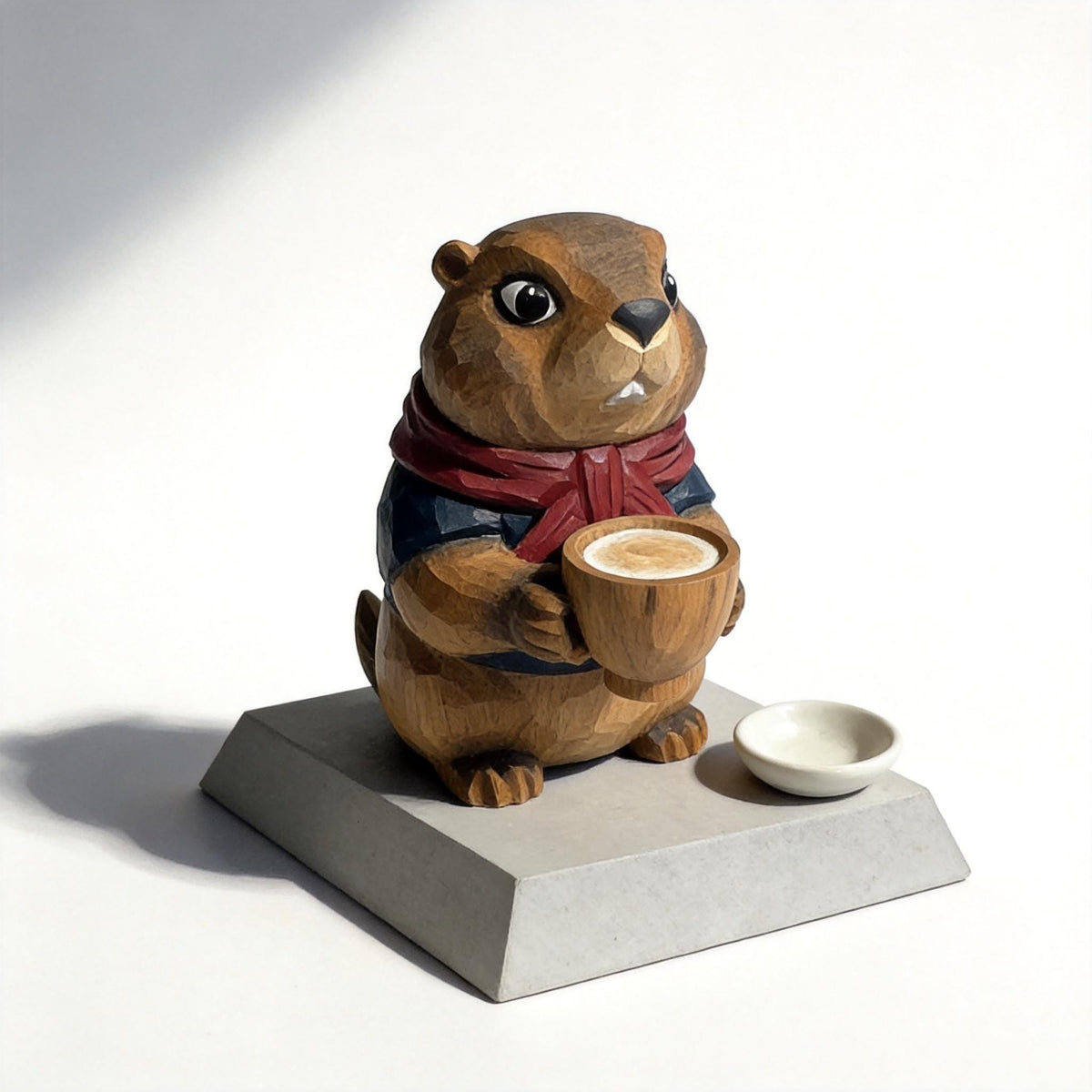 Whimsical Hand-Carved Wooden Groundhog Figurine, Cute Woodchuck Holding Bowl Decor, Cozy Woodland Animal Desk Pet, Nature Lover Gift
