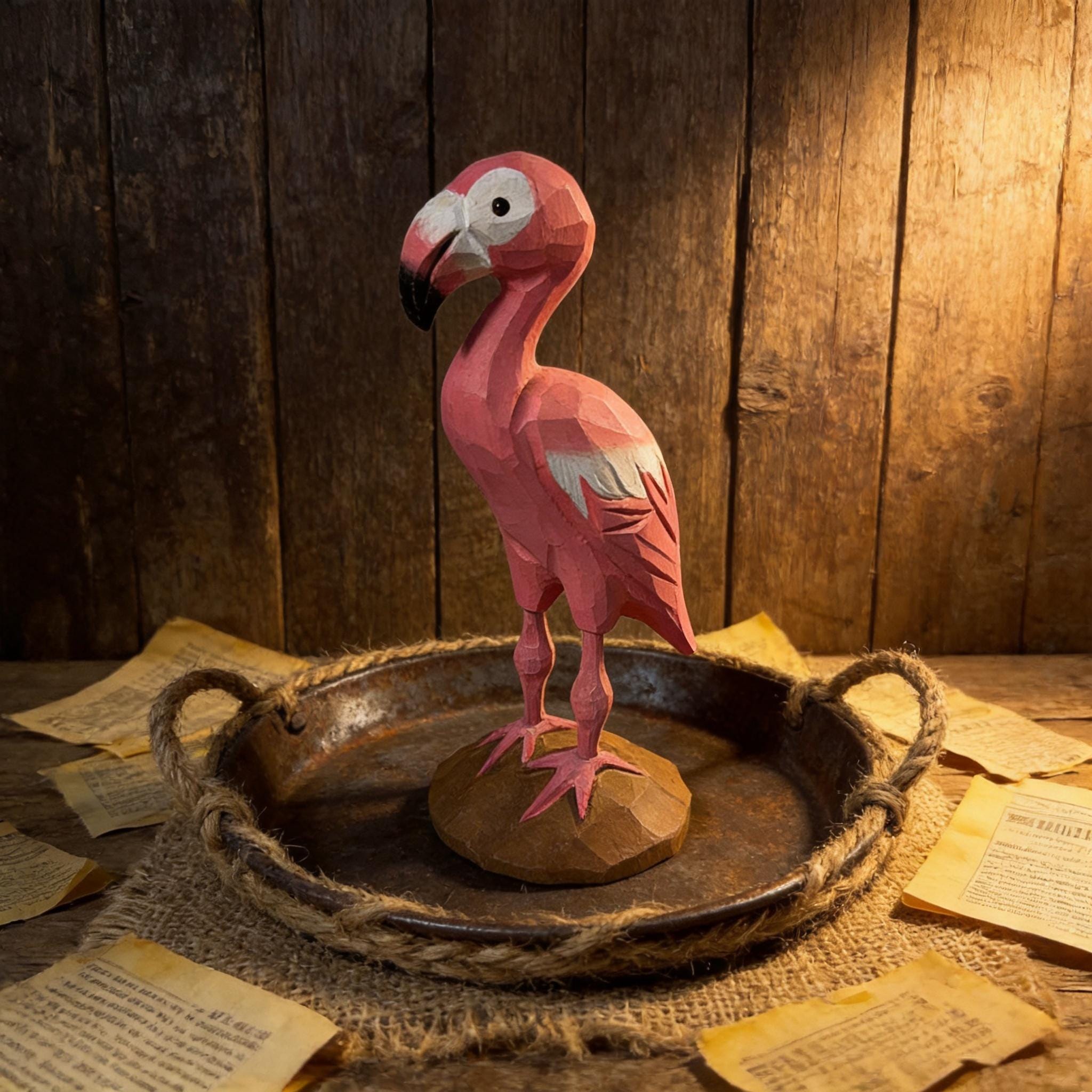 Whimsical Pink Flamingo Wood Carving Geometric Animal Sculpture Tropical Decor Hand Carved Bird Figurine Unique Gift for Bird Lover