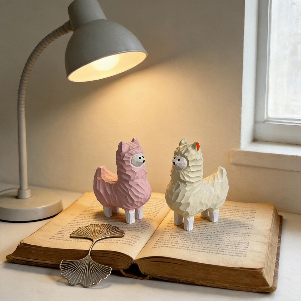 Whimsical Wooden Alpaca Couple Hand Carved Llama Figurines Pastel Nursery Decor Unique Animal Lover Gift Desk Pet Wood Anniversary Present