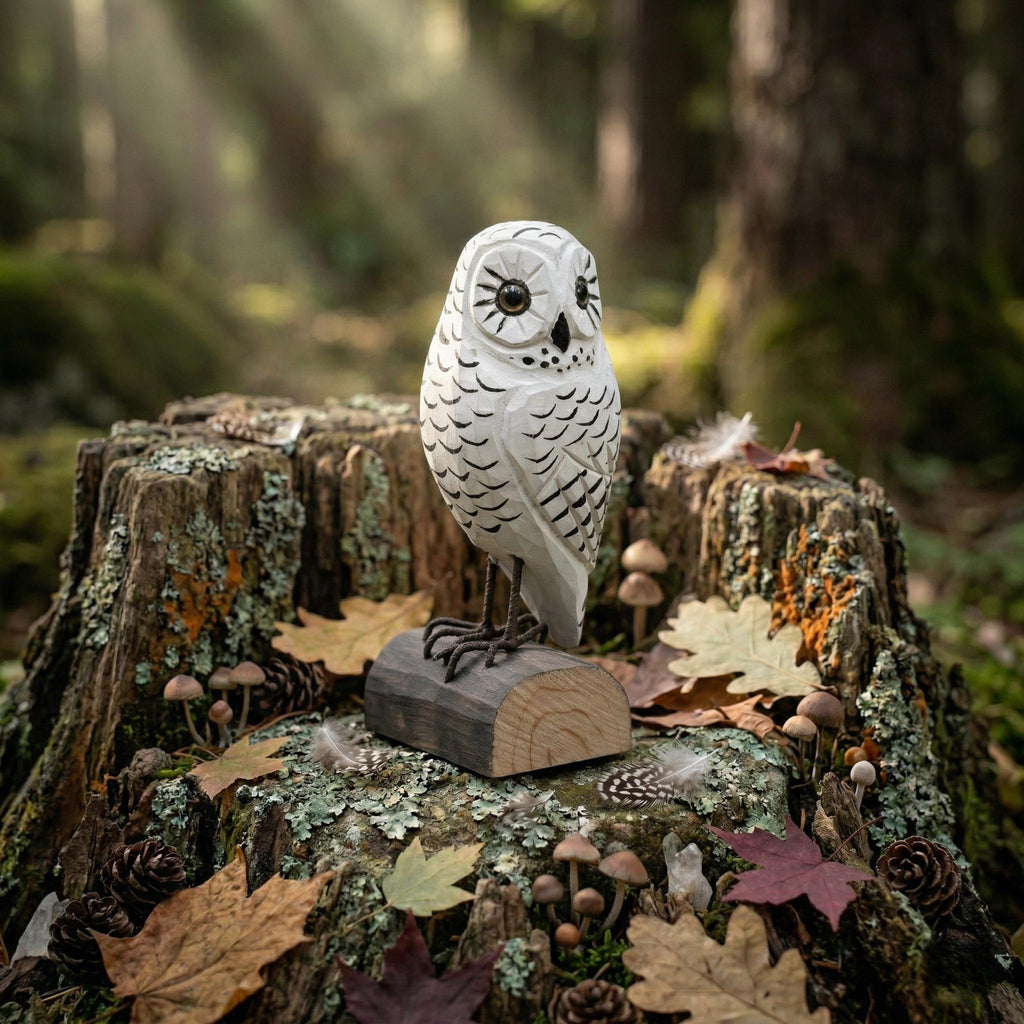 Hand Carved Wooden Snowy Owl Figurine, Rustic Woodland Bird Decor, Miniature Wood Animal Sculpture, Unique Gift for Bird Lovers Nature Fan