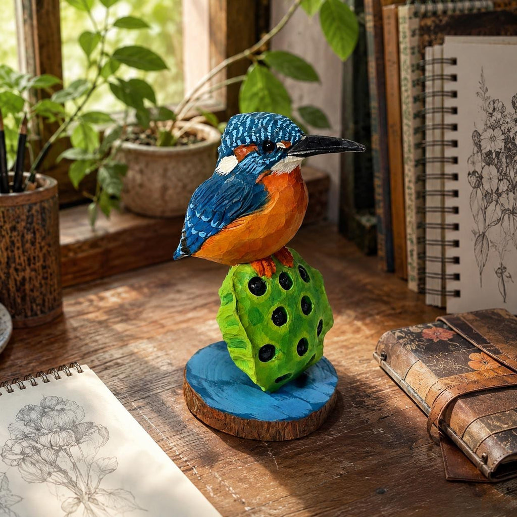 Vibrant Hand-Carved Wooden Kingfisher Figurine Lotus Pod Sculpture Nature Decor Bird Lover Gift