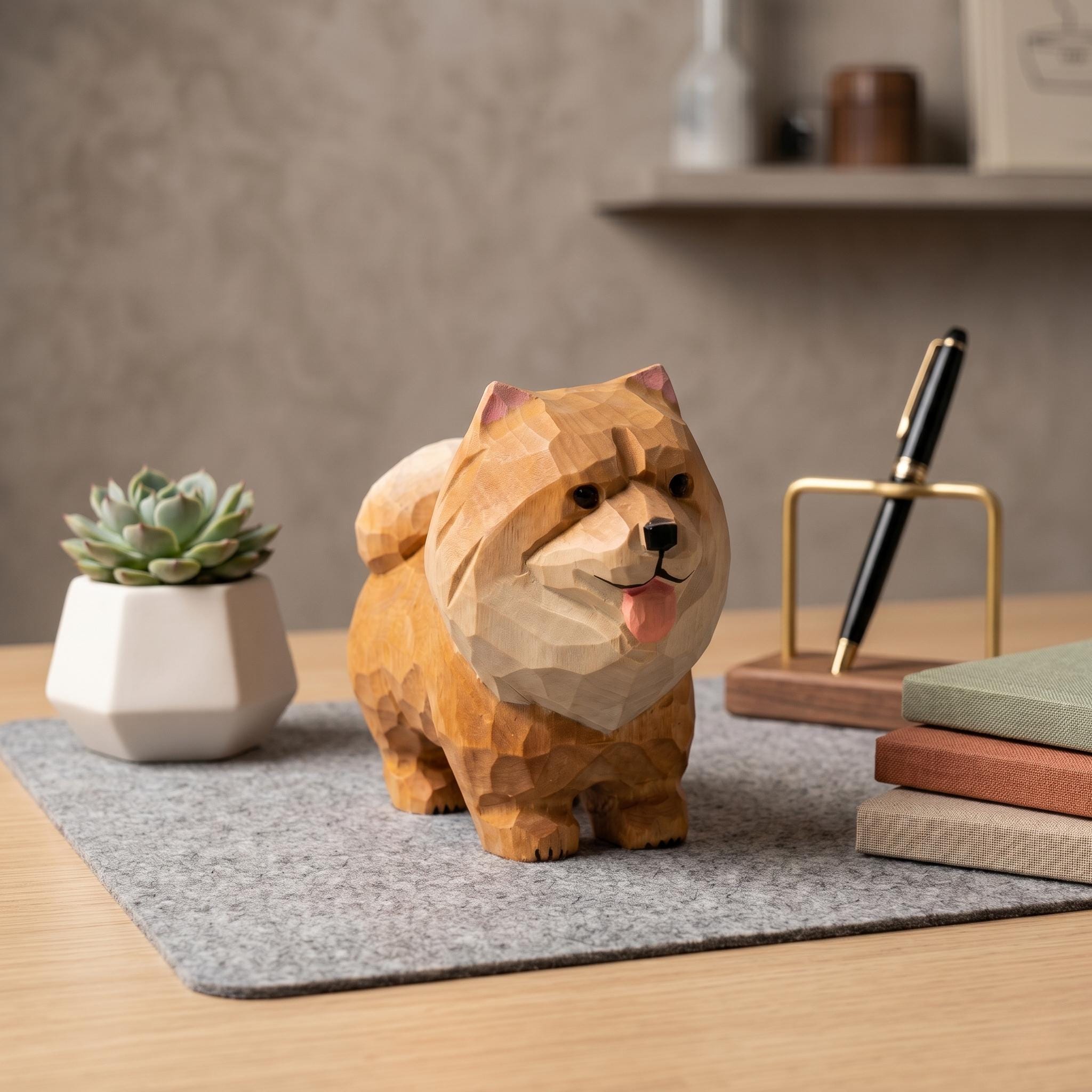 Hand Carved Wooden Pomeranian Figurine, Fluffy Dog Desktop Decor, Rustic Animal Art Sculpture, Pet Memorial Gift for Dog Lover