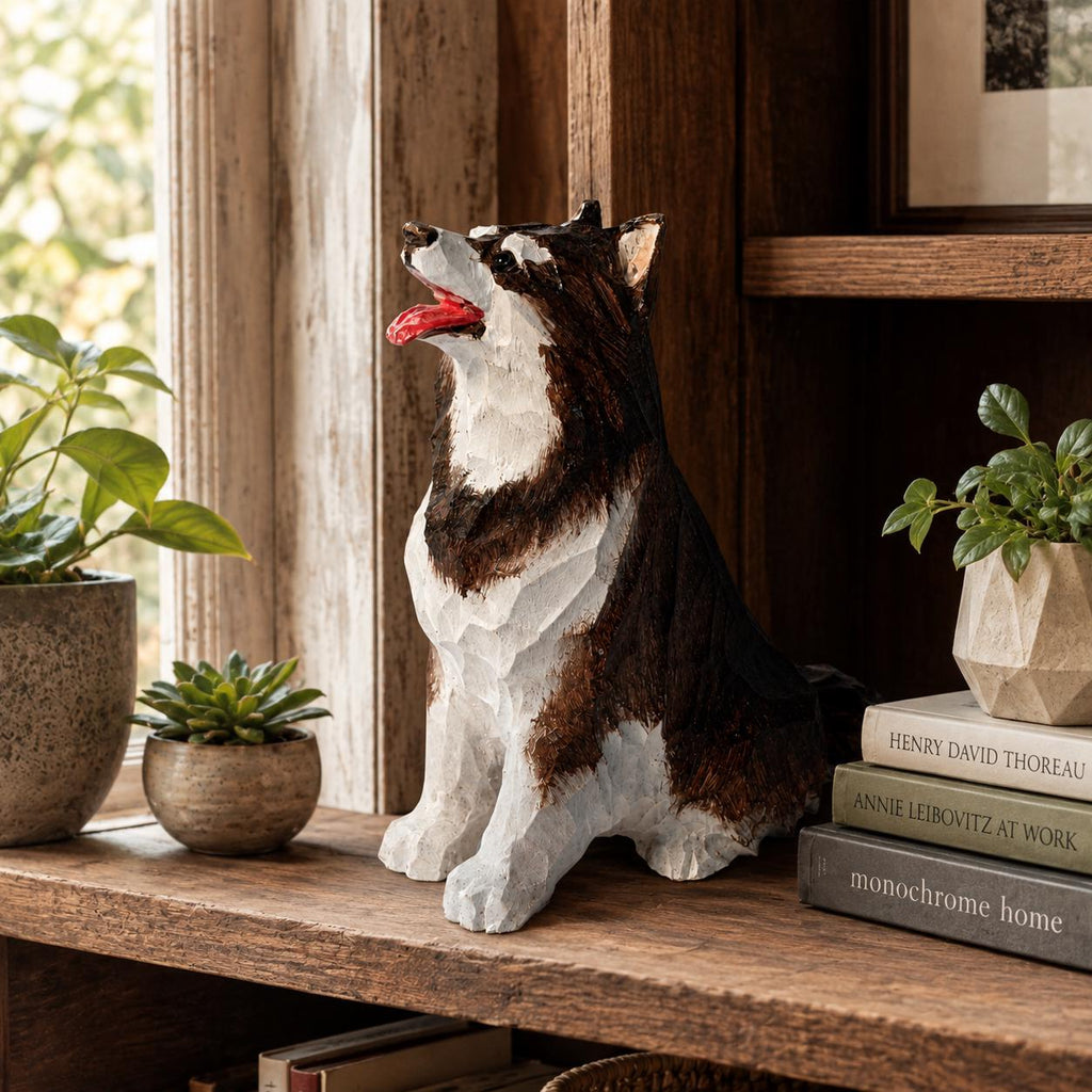 Cheerful Wooden Husky Figurine Hand Carved Dog Statue Rustic Pet Memorial Desk Decor Dog Lover Gift