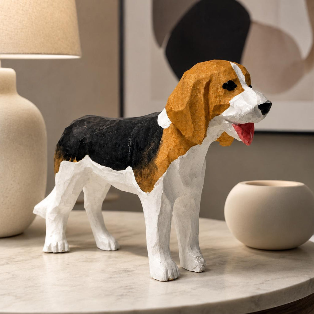 Hand-Carved Wooden Beagle Figurine | Tricolor Hound Dog Sculpture | Whimsical Pet Desk Decor | Dog Mom Gift Idea