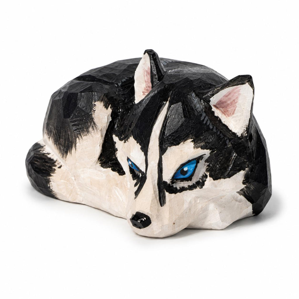 Geometric Husky Wood Figurine, Hand Carved Siberian Husky Dog Statue, Low Poly Animal Sculpture, Rustic Farmhouse Decor