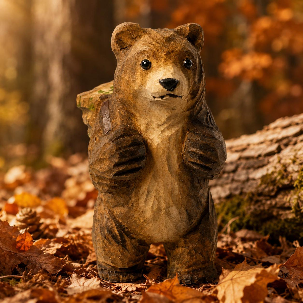 Hand-Carved Wooden Bear with Backpack Figurine | Whimsical Forest Hiker Decor | Cute Wood Animal Sculpture | Nature Lover Gift