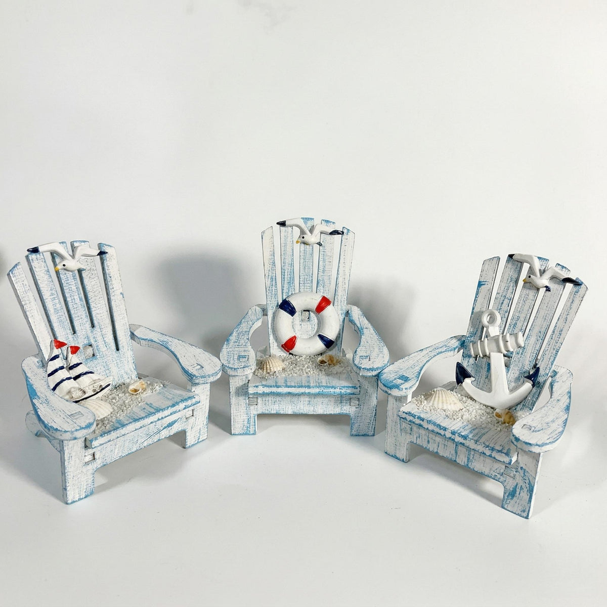 Coastal Blue Miniature Adirondack Chair Set of 3 Beach Theme Wooden Decor Nautical Shelf Sitter Summer Vacation Housewarming Gift