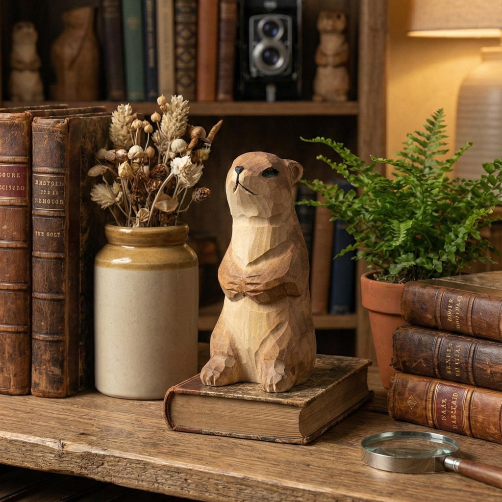 Handmade Wooden Groundhog Figurine, Marmot Statue, Rustic Woodland Decor, Whimsical Prairie Art, Cabin Ornament