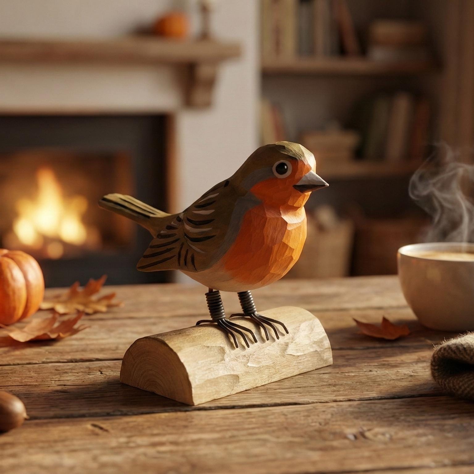 Hand-Carved Wooden Robin Figurine, Rustic Bird Decor on Log Base, Whimsical Nature Lover Gift, Woodland Animal Art, Desk Decor