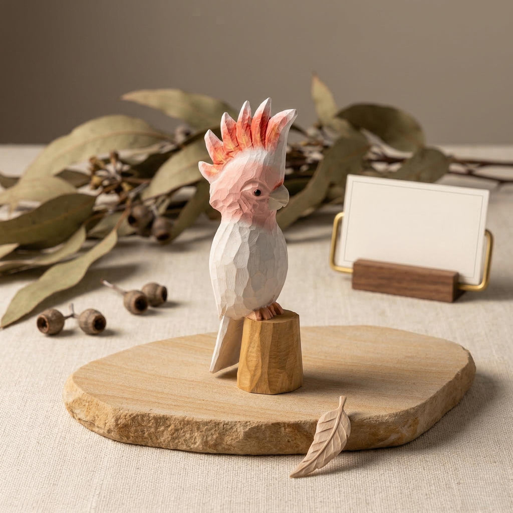 Hand-Carved Wooden Galah Cockatoo Figurine, Whimsical Pink Parrot Statue, Tropical Bird Lover Gift, Unique Nursery Decor